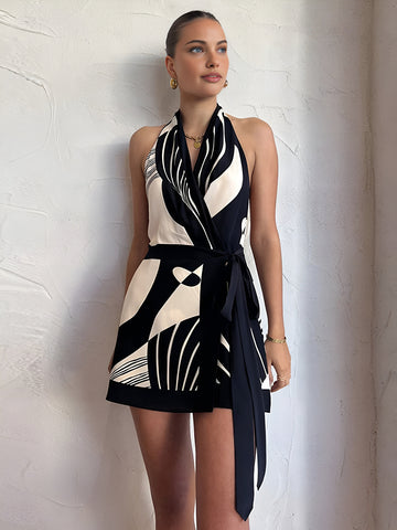 Valencia Abstract Halter Wrap Dress Satin Blend