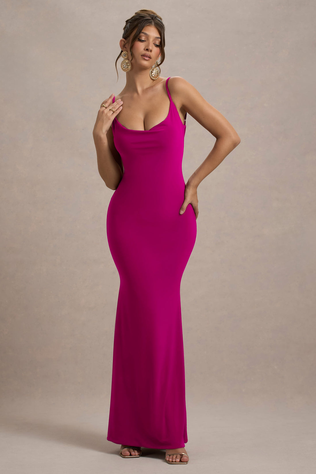 Francoise | Dark Pink Cowl Neck Backless Maxi Dress With Lace Insert