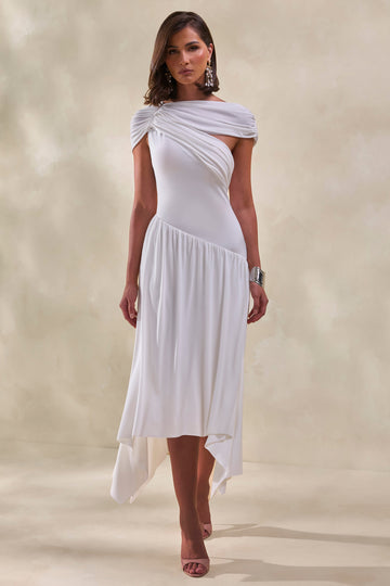 Lorina | White High-Neck Midi Dress With Asymmetric-Waist