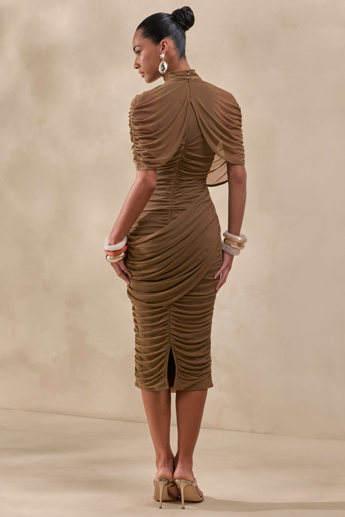 Fleurise | Olive Green High Neck Mesh Midi Dress With Short Cape Sleeves And Ruched Details