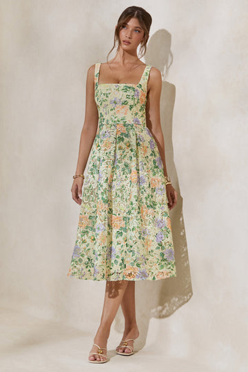 Lorielle | Lemon Floral Print Lace Square-Neck Midi Dress