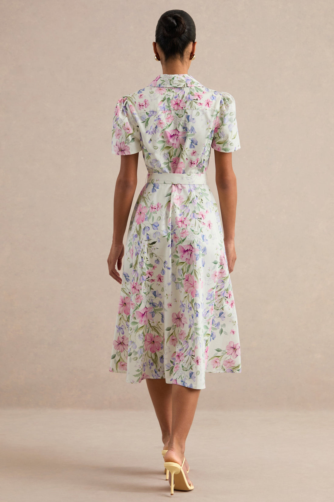 Viviette | Cream Midi Dress With Floral Print And Collar