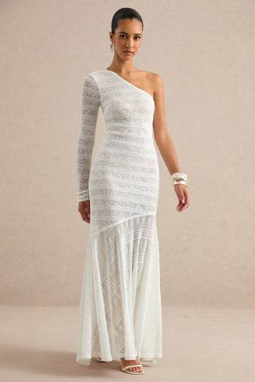 Orabella | White Maxi Dress With Asymmetric Neckline And Sheer Skirt