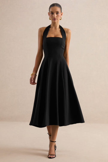 Auburn | Black Halter Skater Midi Dress