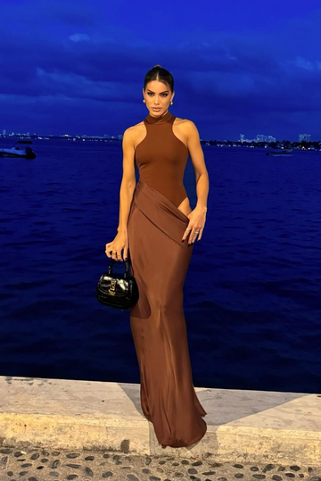 Magnolia Asymmetrical Maxi Dress with High Neck